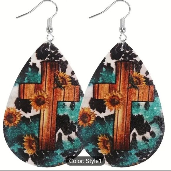 Cross earrings teardrop women's faux leather new d81 - Picture 1 of 1
